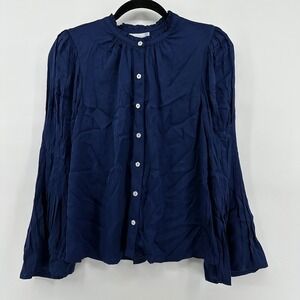 Cartolina Navy Blue Thea Silk Blend Ruffle Neck Pleated Sleeve Blouse XXS